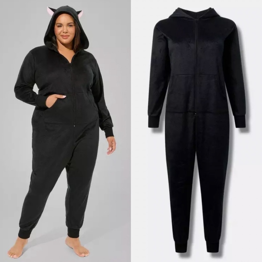 Torrid Black Cat Fleece Zip Up Hoodie Lounge Onesie